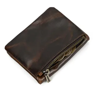 Men leather wallet detail view, vintage brown cowhide card holder with zipper coin pocket.