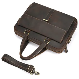Premium leather business briefcase for 15-inch laptop, vintage brown commute shoulder bag.