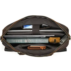 Vintage crazy horse leather briefcase interior detail, 15 inch laptop shoulder bag for men