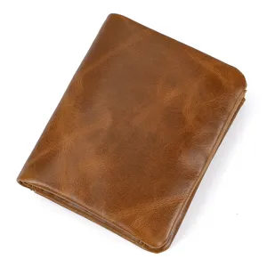 Vintage brown men's leather wallet with multi card slots and premium texture detail view.