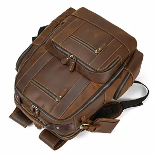 Detail shot of men's vintage crazy horse leather backpack with multi pockets and zip.