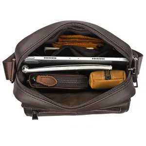 Bolso cruzado de cuero genuino para hombre visualizacion de capacidad interior bolso