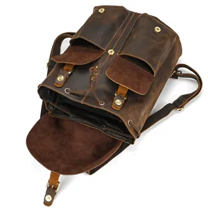 Vintage crazy horse leather backpack for men and women, classic retro detail view.