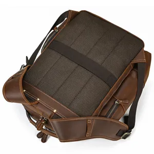 Men's vintage leather backpack detail, genuine cowhide rucksack with breathable mesh back.
