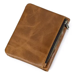 Close-up view of the vintage brown leather wallet, featuring durable stitching and metal zipper.