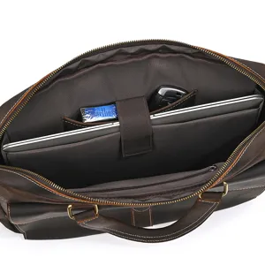 Vintage crazy horse leather briefcase interior detail, 15 inch laptop bag business commuter style.
