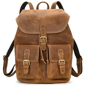 Vintage brown leather backpack detail showing durable straps, brass hardware, and front pockets.