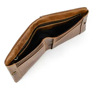 Detailed view of brown leather men wallet interior with multiple card slots and zipper pocket