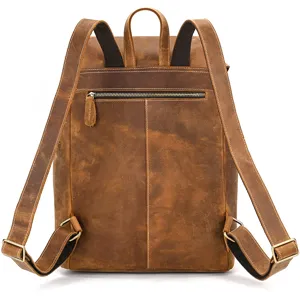 Detailed back view of vintage leather backpack showing adjustable straps and zipper pocket.