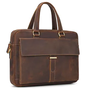 Vintage crazy horse leather briefcase 15 inch laptop shoulder bag business bag for men.
