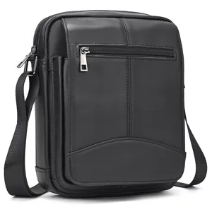 Bolso bandolera pequeno de cuero genuino negro para hombre, detalle de bolso casual