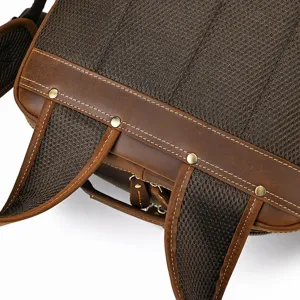 Men genuine leather backpack detail with vintage crazy horse leather, mesh and metal rivets.