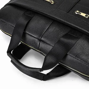 Black genuine leather men business briefcase laptop bag detail shot durable handbag