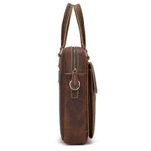 Retro crazy horse leather briefcase side view, durable cowhide business laptop shoulder bag.