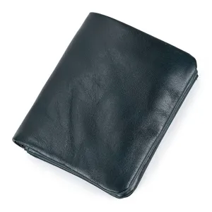 Detailed view of the dark genuine leather wallet texture, showing fine stitching details.