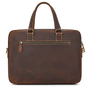 Vintage crazy horse leather briefcase for men, 15 inch laptop bag and business shoulder bag.