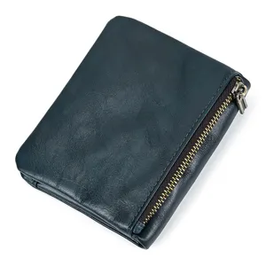 Men genuine leather wallet vertical card holder retro cowhide coin purse closeup detail view