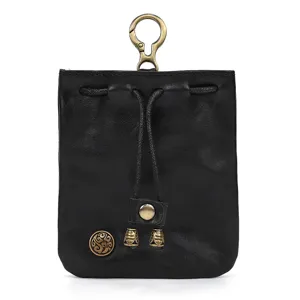 Vintage handmade leather mini coin purse, retro black drawstring pouch with brass hardware detail.