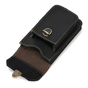 Detail view of black crazy horse leather phone waist belt pouch showing metal buckle and lining