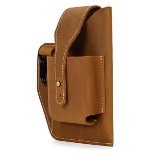 Retro crazy horse leather phone holster for men, outdoor belt pouch and waist bag for daily use.