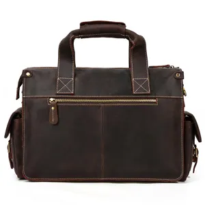 Men's vintage genuine leather briefcase multi-pocket business laptop bag detail view