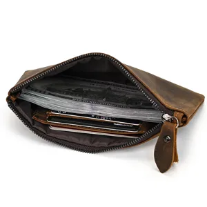 Monedero de cuero genuino hecho a mano vintage billetera con cremallera para hombre