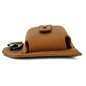 Vintage crazy horse leather phone holster for men, outdoor belt pouch with metal clip.
