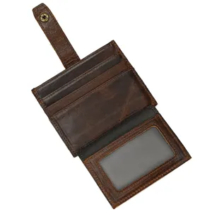 Vintage genuine leather card holder wallet with multiple slots photo window brown