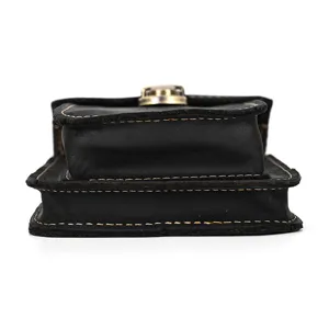 Black genuine leather phone belt holster pouch detail view, durable stitching and metal clasp.