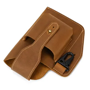 Detail view of retro crazy horse leather men phone holster belt bag, premium texture design.