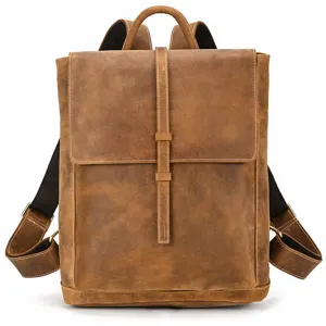 Vintage crazy horse leather men backpack retro travel 14 inch laptop school bag brown