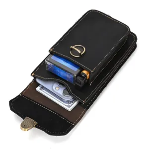 Black genuine leather phone waist bag with multi-pocket storage and durable belt loop.