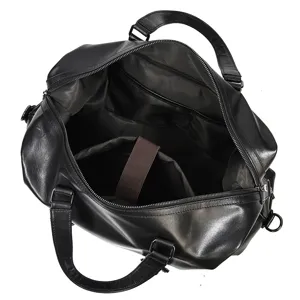 Black genuine leather travel duffel bag interior detail, large capacity sports gym luggage.