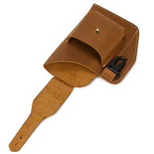 Vintage crazy horse leather phone waist bag detail view with belt loop and metal hook.