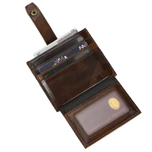 Vintage genuine leather card holder wallet with money clip and photo ID window slots.