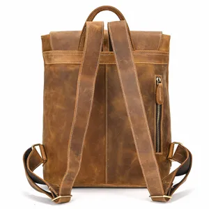 Vintage crazy horse leather men backpack detail view, brown genuine leather travel bag.