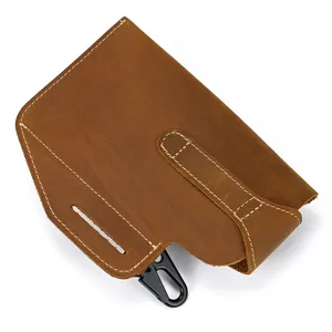 Vintage crazy horse leather mobile phone waist bag with belt loop and metal hook for men