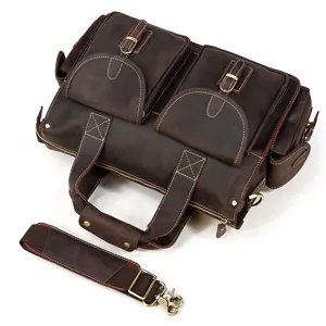 Vintage leather briefcase for men, multi-pocket dark brown messenger bag and shoulder bag.