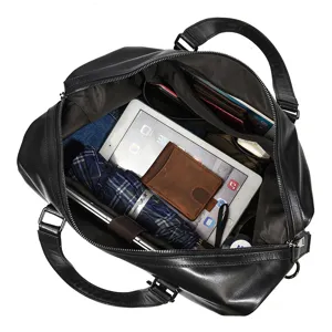 Black leather travel duffel bag with large capacity interior compartments for sports and business.