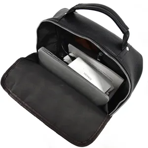 Black genuine leather multi-functional storage bag with spacious inner capacity for daily essentials.