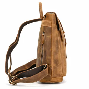 Side detail view of vintage crazy horse leather men backpack, premium genuine leather texture.