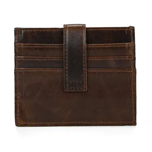 Vintage genuine leather card holder detail, multi-slot slim pocket wallet closeup.