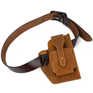 Leather phone holster detail, retro belt pouch design, premium crazy horse leather accessory view.