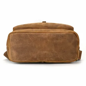 Detailed shot of brown vintage crazy horse leather men backpack bottom quality real leather