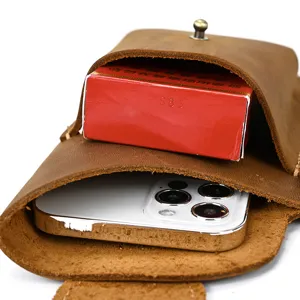 Vintage crazy horse leather phone waist bag detail view showing spacious daily storage use.