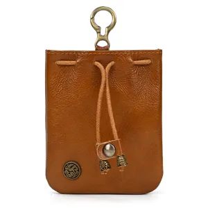 Retro Japanese Style Brown Leather Coin Purse Mini Change Bag with Metal Clasp and Drawstring