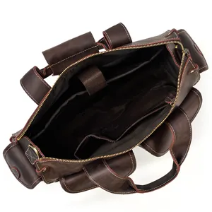 Men's vintage crazy horse leather briefcase multi-pocket business laptop shoulder bag.