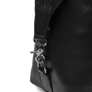 Leather travel bag hardware detail, men's gym shoulder bag strap metal clasp close up.