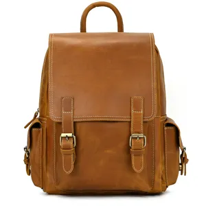 Vintage genuine leather backpack for men, retro crazy horse leather travel rucksack, fits 14 inch.