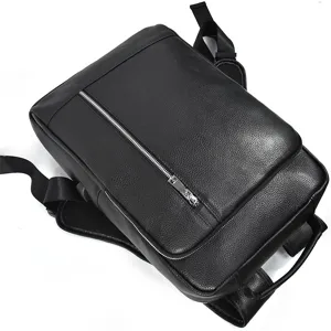 Men business leather backpack black casual computer laptop rucksack with zipper pocket.